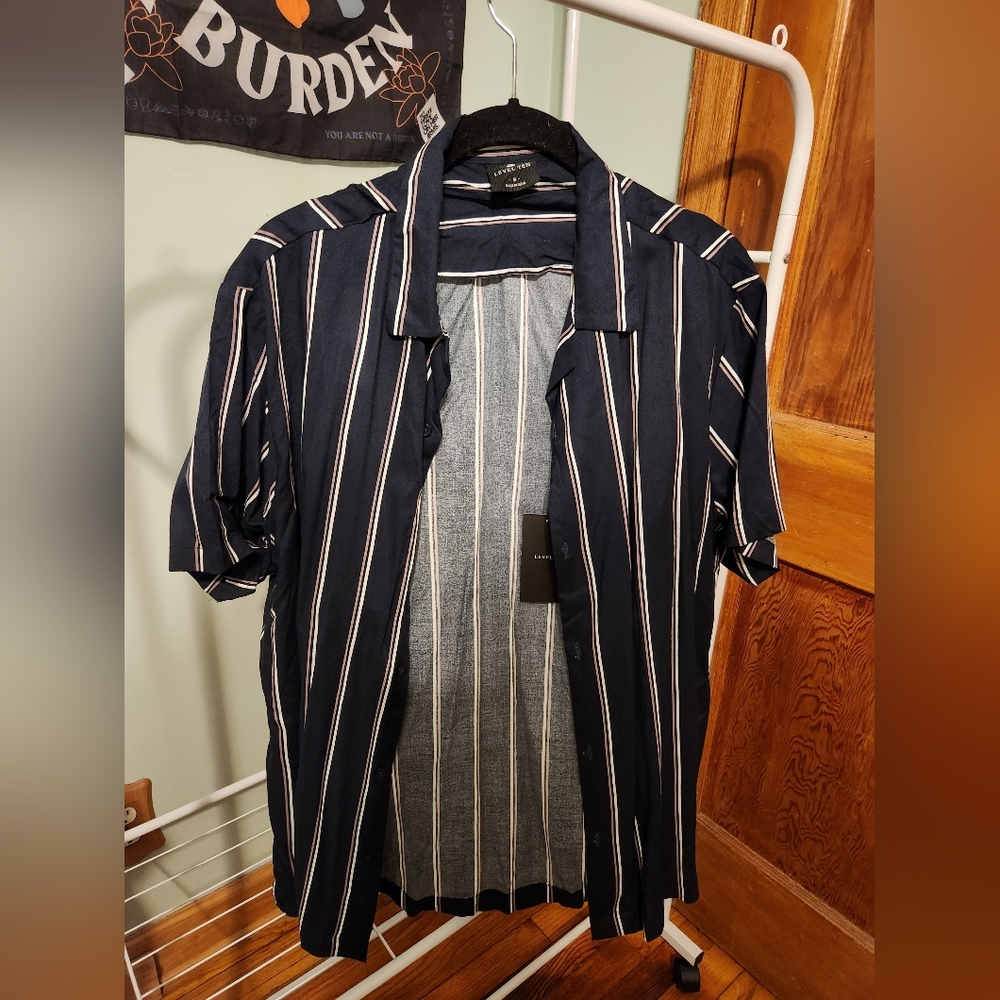Level Ten Men's Navy, Striped Buttoned Shirt